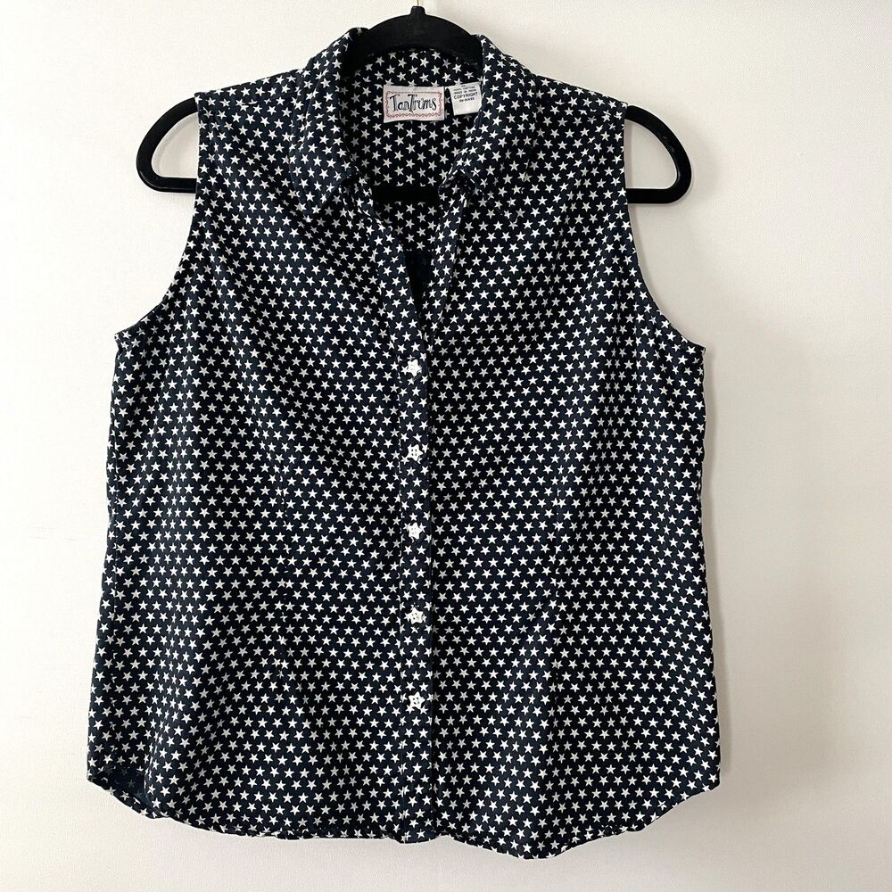 Tantrums Sleeveless Button Front Collared Star Print Cotton Top Size XL